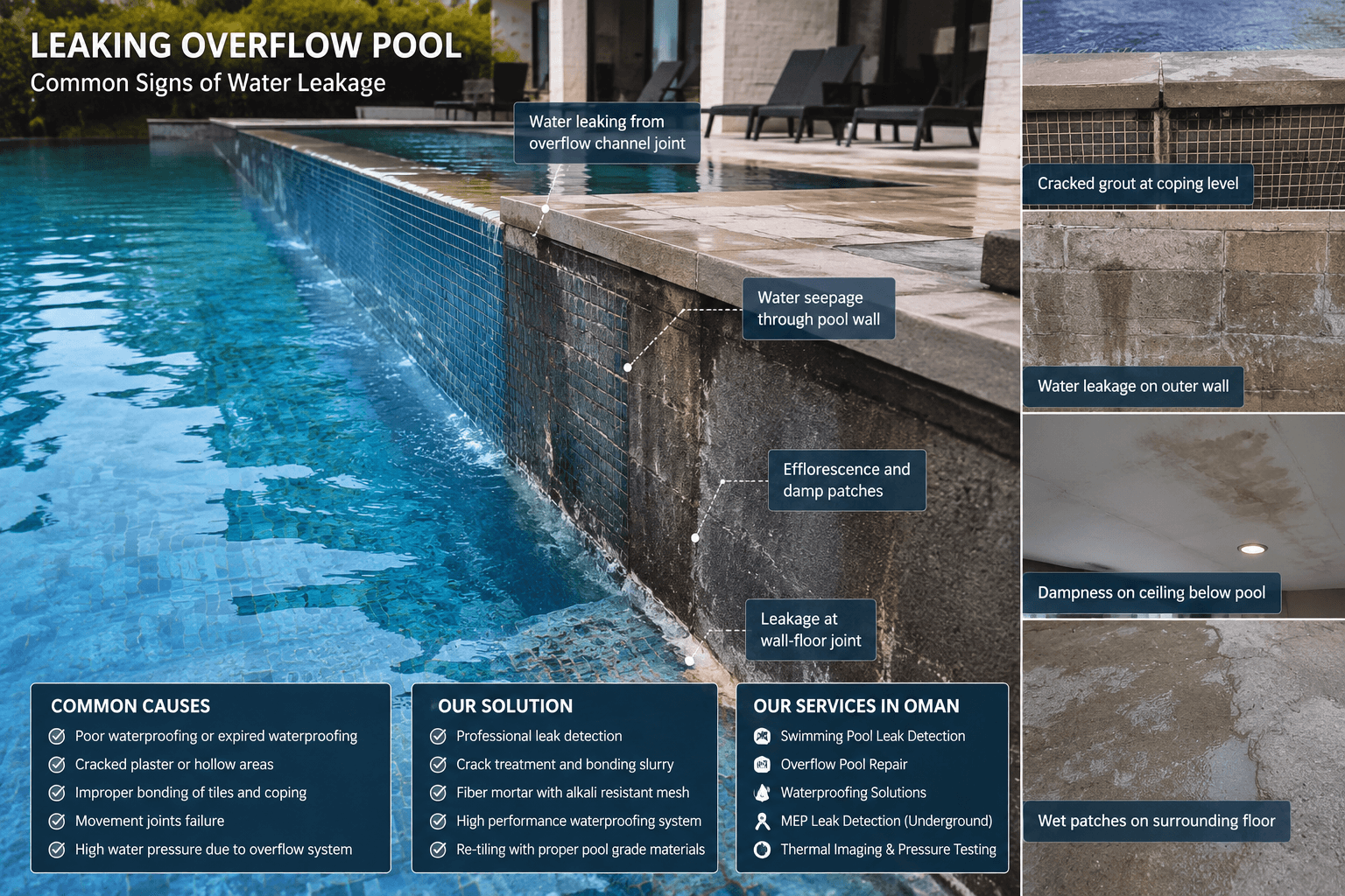 Swimming pool water leak detection and services in Oman
